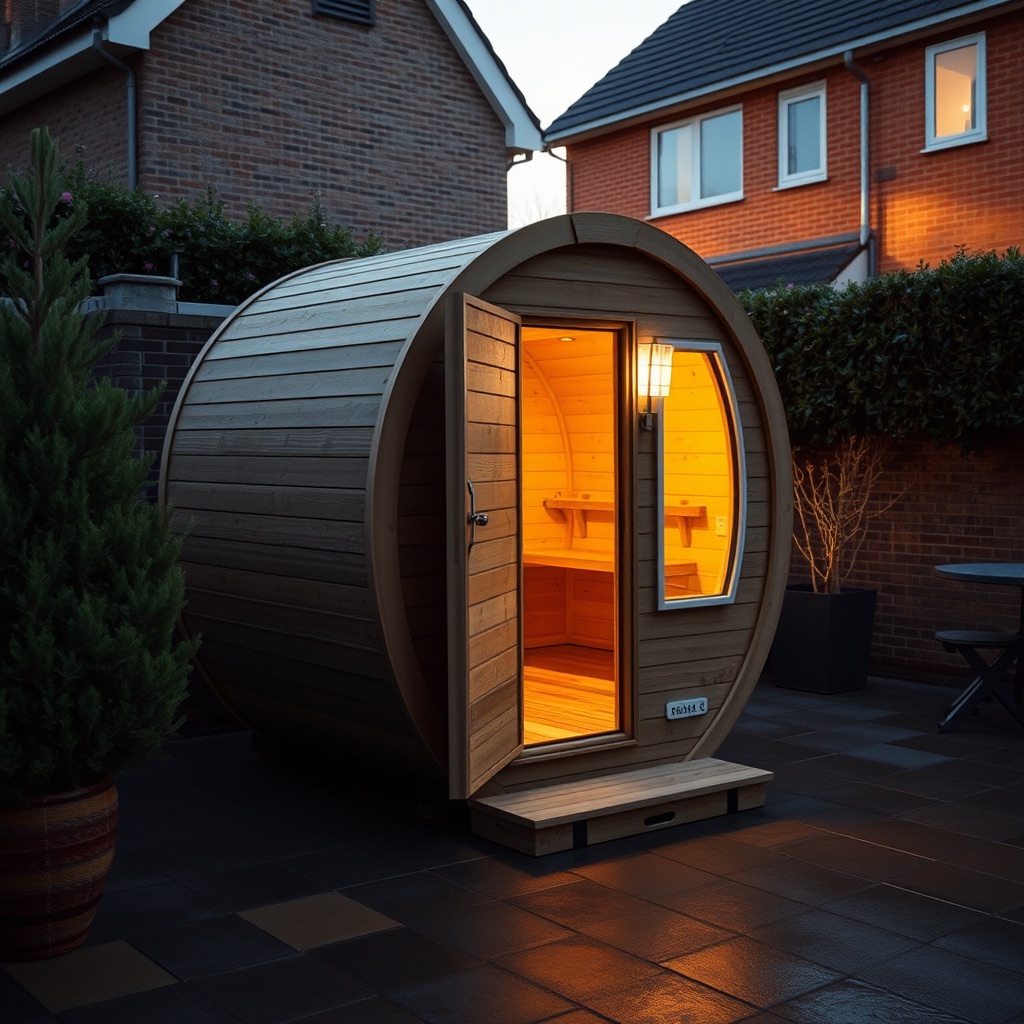 Saunatje buitensauna in een tuin bij avondlicht